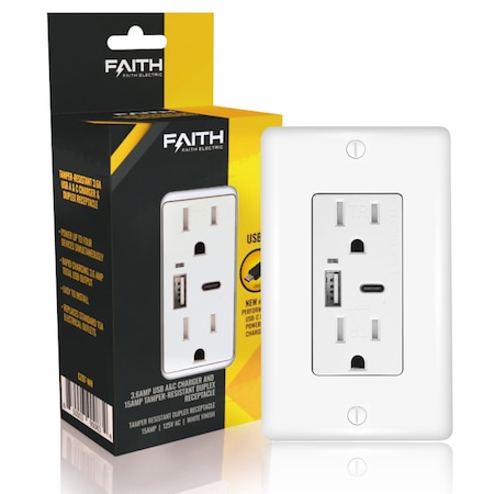 Faith USB Outlet, Standard Outlet, Duplex, White CZ07-WH-02